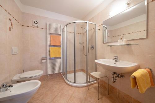 a bathroom with a shower and a sink and a toilet at Stettnerhof Wohnung Ifinger in Vollan