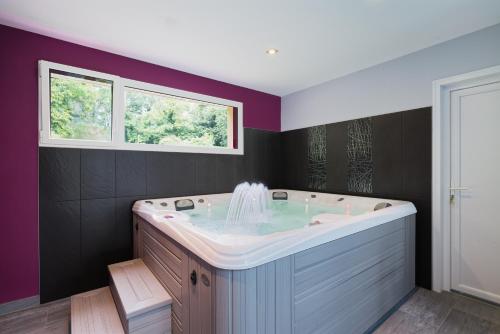 a bathroom with a bath tub with a window at Gîte La Clémençaie in Réminiac