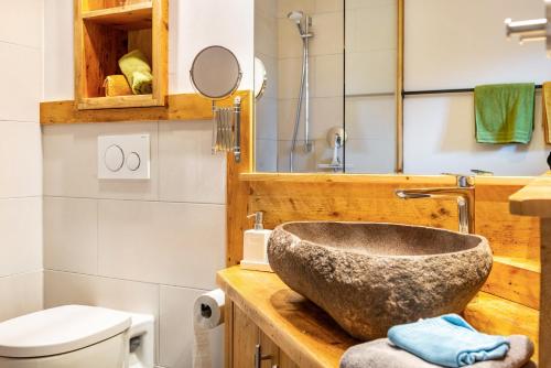 a bathroom with a stone sink and a toilet at Gästehaus Wüpping 1 in Salem