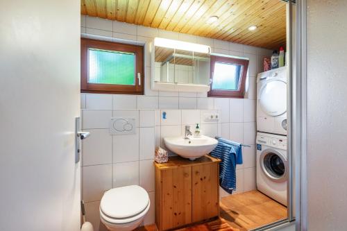 a bathroom with a sink and a washing machine at Feriendorf Rechbergblick, Haus 29 in Bernau im Schwarzwald