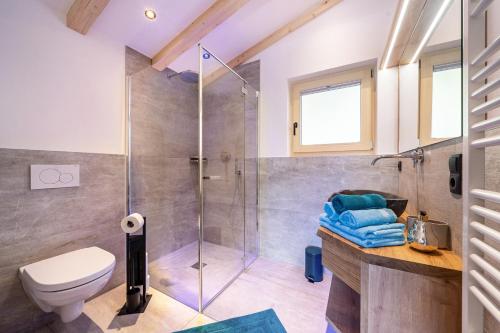 a bathroom with a shower and a toilet at Apfel Chalet Feldhof in Caines