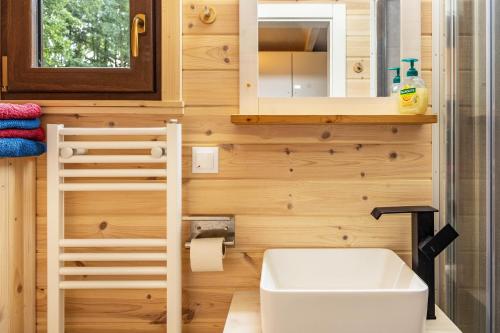 a bathroom with a white sink and a mirror at Tiny House Evita in Lehnin