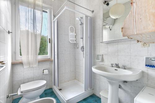 a bathroom with a toilet and a sink and a shower at Villetta Serena in Procchio