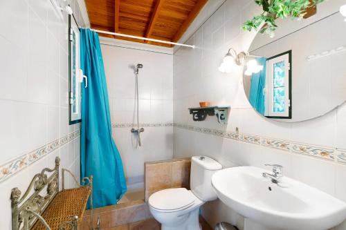 a bathroom with a toilet and a sink and a mirror at Casa Claudia in Hermigua