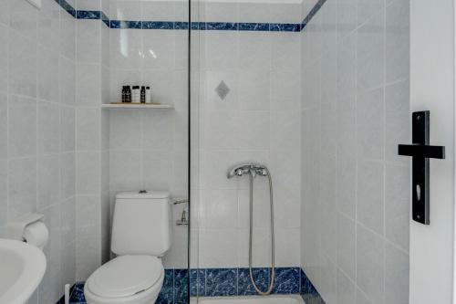 a bathroom with a shower with a toilet and a sink at Seaview Double Room Private Jacuzzi in Santorini