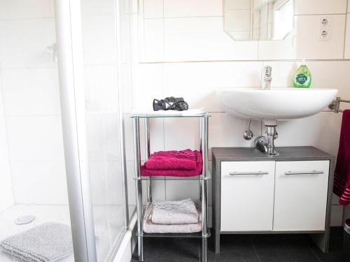 a bathroom with a sink and a shelf with towels at Auszeit am See in Moos
