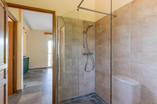 a bathroom with a shower with a glass door at Le Serre Du Puech in Chambonas