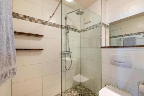 a bathroom with a shower and a toilet at Oewern Diek in Wustrow