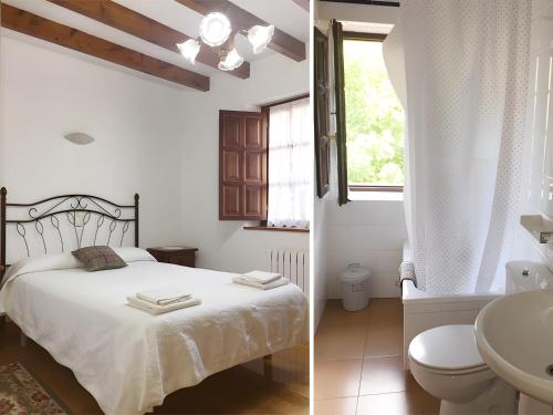 two pictures of a bedroom with a bed and a sink at Posada Rural La Capellanía in Celis