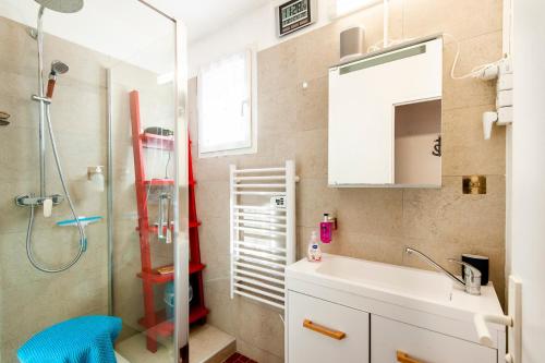 un bagno con doccia, lavandino e specchio di Le Tau a Saintes-Maries-de-la-Mer