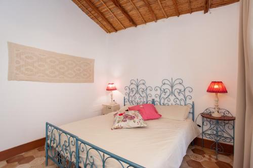 a bedroom with a blue and white bed with two lamps at Domo Bangone in Orosei