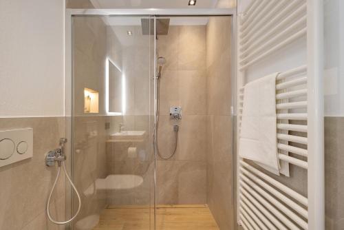 a bathroom with a shower and a toilet and a sink at Premium App Hofer Marianna in Villabassa