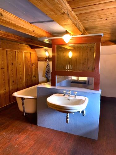 a bathroom with a bath tub and a sink at Ferienhaus Hederle in Elzach