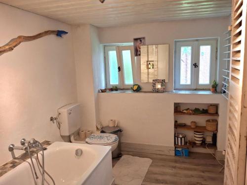 a bathroom with a tub and a toilet and windows at Charming House in Neckargemünd