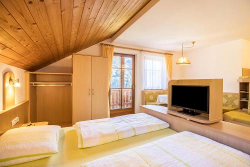 a large room with a television and a bed at Kuglerhof Apt 2 in Cadipietra