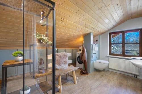 a bathroom with a sink and a toilet in a room at Weitsicht in Weiler-Simmerberg