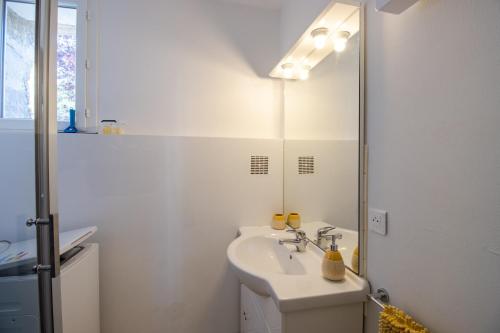 a white bathroom with a sink and a mirror at Gite La Salamandre in Saint-André-dʼAllas