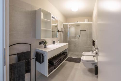 a bathroom with a sink and a toilet and a shower at Lores Loft in Merano