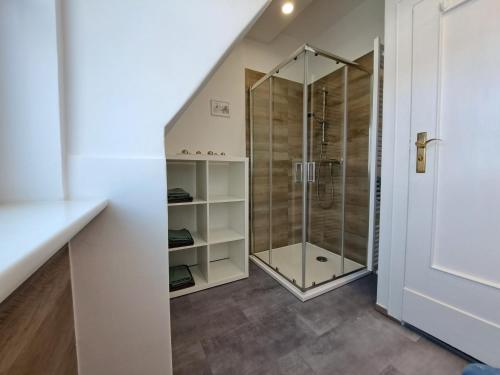 a bathroom with a walk in shower and a walk in closet at Ferienhaus Mandelbäumchen in Barth