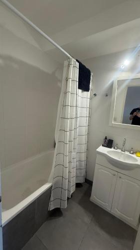 a bathroom with a sink and a bath tub and a shower curtain at 01 Tigre Stays in Tigre