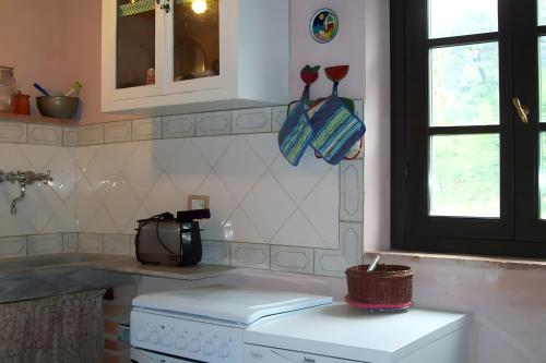 a kitchen with a stove and a counter top at Villa con parco e piscina-Camaiore in Nocchi