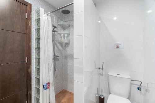 a white bathroom with a shower and a toilet at Casa Rural Tijoco in Adeje