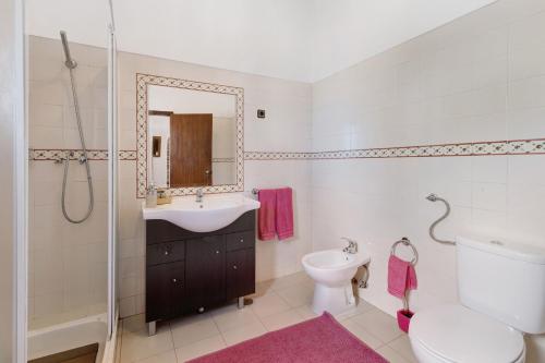 a bathroom with a sink toilet and a mirror at Casa Castelão in Palmela