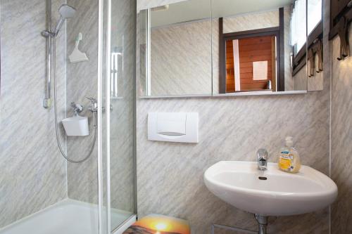 a bathroom with a sink and a shower at Nurdach-Haus Typ 7 in Immenstaad am Bodensee