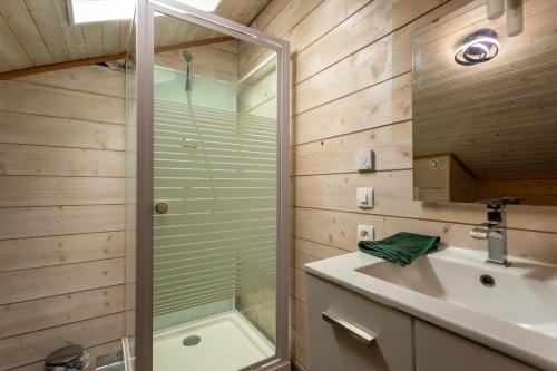 a bathroom with a shower and a sink at Villa À Isturits Avec Piscine in Isturits