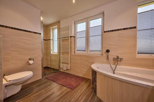 a bathroom with a tub and a toilet and a sink at Idyllische Ruhe Der Villa Hedwig in Kurort Gohrisch
