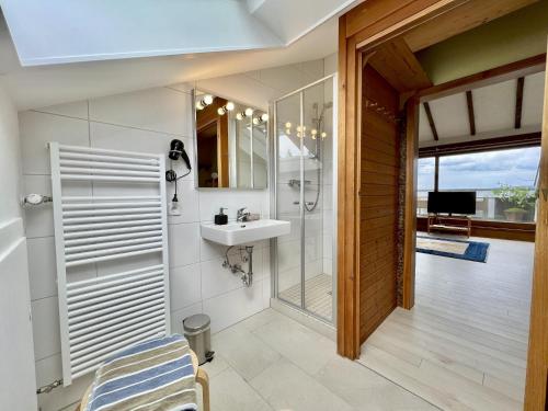 a bathroom with a shower and a sink at Bodenseeblick in Konstanz
