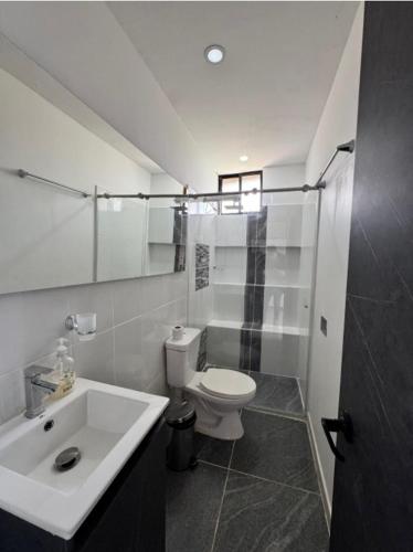 a bathroom with a white sink and a toilet at Springfield Ecoloft- Guatapé in Guatapé