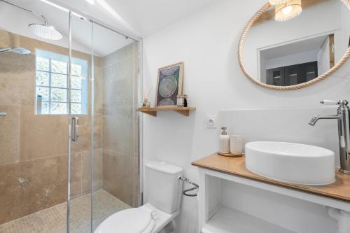 a bathroom with a shower and a toilet and a sink at Joli gîte dans les collines in Toulon