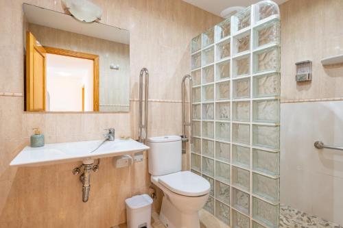 a bathroom with a toilet and a sink and a mirror at Ferrera Soul 1b in Santanyi