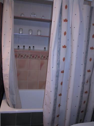 a bath tub with a shower curtain in a bathroom at Casa Bohemio - Tabarca in Tabarca