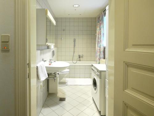 a bathroom with a sink and a toilet and a shower at Historisches Haus Uhlenhorst in Trebel