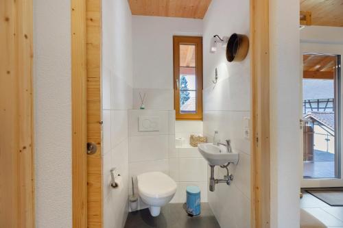 a white bathroom with a toilet and a sink at Ländliche Ferienwohnungen in Öhningen
