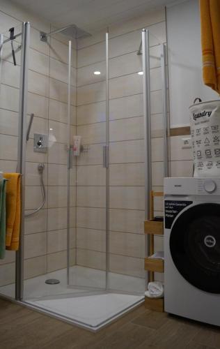 a shower with a glass door next to a washing machine at Schmidnickels Hof in Schwarzerden