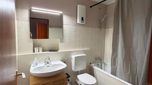 a bathroom with a sink and a toilet and a mirror at Ferienwohnung Voges mit Pool in Bad Lauterberg