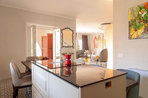 a kitchen with a counter top and a living room at Villa Magnolie in Chioma