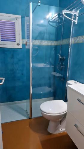 a blue bathroom with a toilet and a shower at Casita in Illes Balears