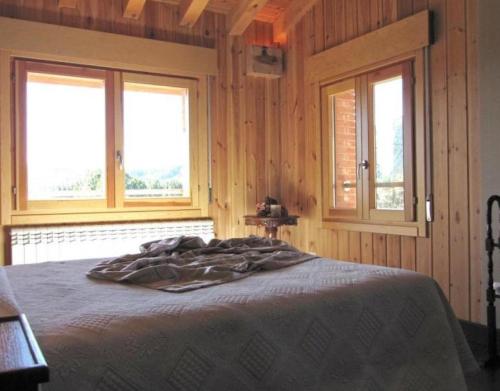a bed in a wooden room with two windows at Vivir en el Campo in Cidones