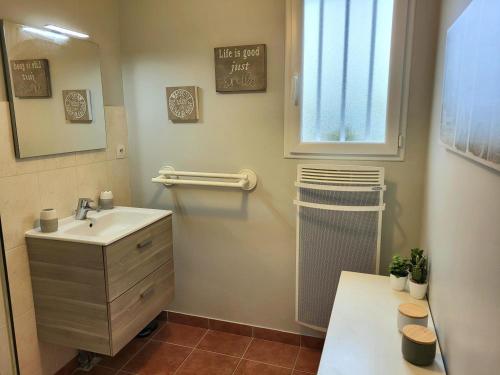 a bathroom with a sink and a mirror and a window at Villa Des Havres in Saint-Germain-sur-Ay