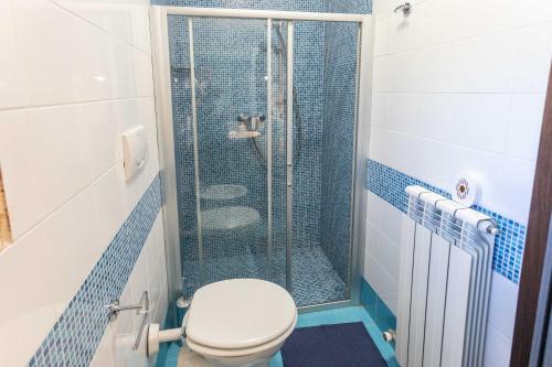a bathroom with a toilet and a glass shower at Villa Sole With Pool and Sauna in Lecce