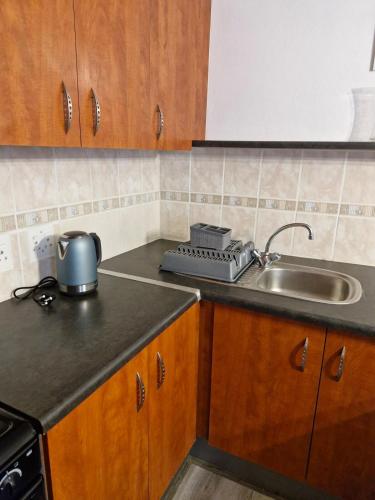 a kitchen with a sink and a counter top at 77 on First! in Fish Hoek