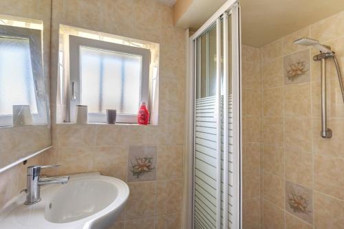 a bathroom with a sink and a shower at Gîte Le Trotteur in Monteaux