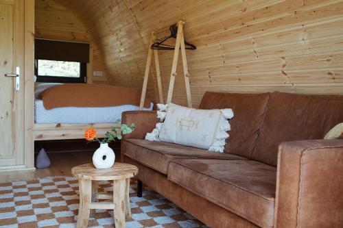 a living room with a brown couch and a bed at Glamping Pod in de natuur Eigen badkamer in Oudehornstercompagnie