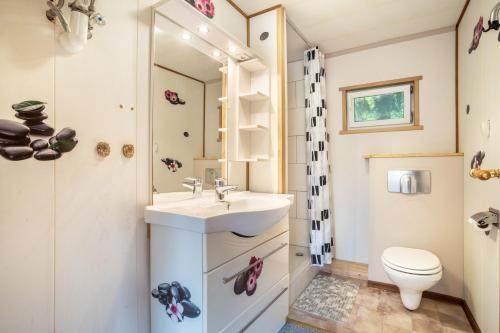 a small bathroom with a sink and a toilet at Bungalow Seeschwalbe, Nr 7 in Dranske