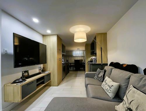 a living room with a couch and a flat screen tv at Aubergélit in Saint-Jean-Port-Joli