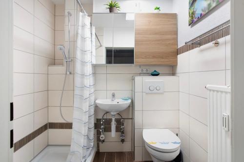 a small bathroom with a toilet and a sink at Ferienappartement Magjar in Küssaberg